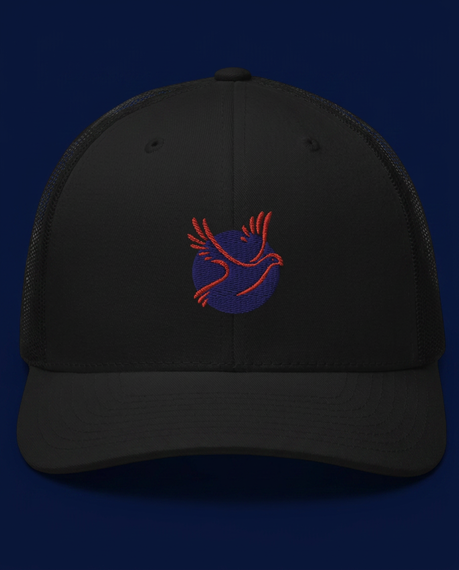 Black trucker cap with embroidered Barrera Family Loft pigeon logo