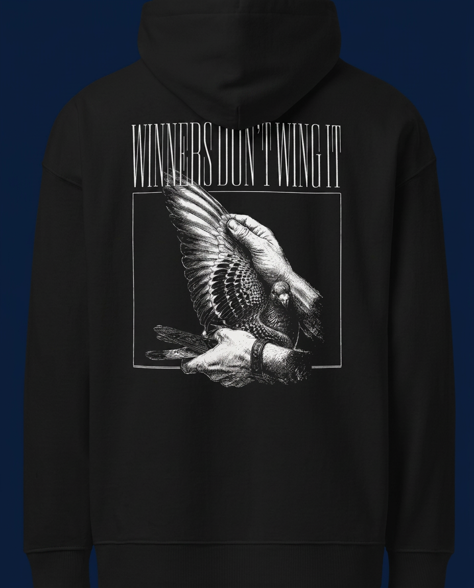 Black hoodie with Winners Don't Wing It pigeon back print