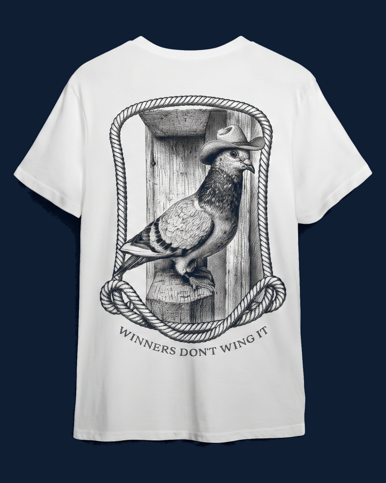 White t-shirt with Winners Don't Wing It cowboy hat back print