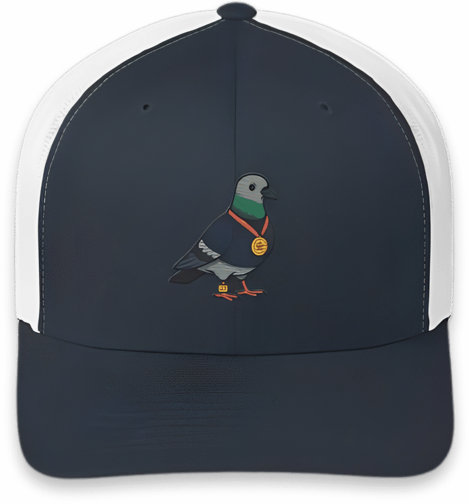 Cap with pigeon wearing a gold medal.