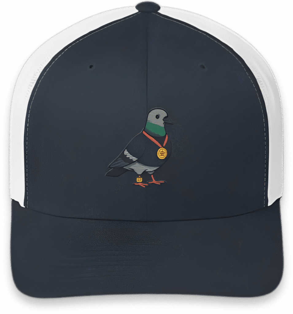 Cap with pigeon wearing a gold medal.