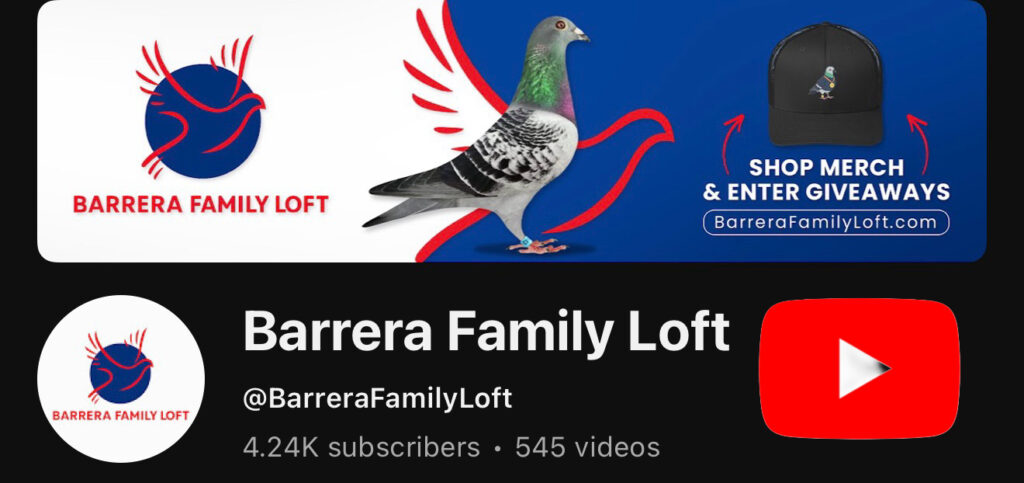 Logo of Barrera Family Loft with a pigeon and channel details.